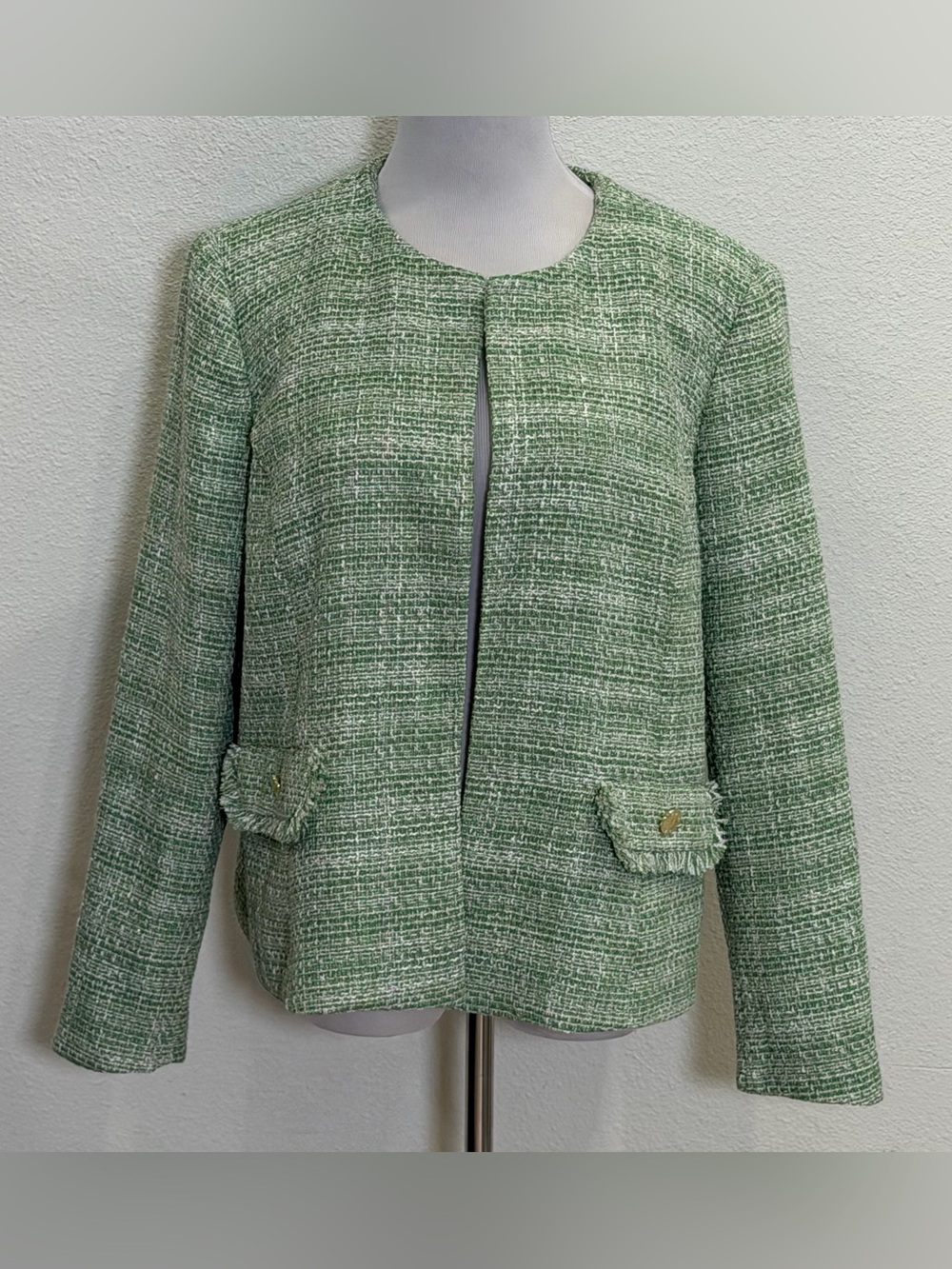 NEW Anne Klein Tweed Open Front Blazer Jacket XL Citrus Green Metallic Fringe